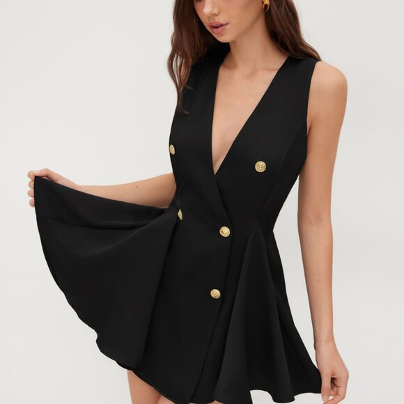 NWT CIDER V-Neck Gold Tone Button Ruffle Hem Black Mini Dress – L - Picture 1 of 12